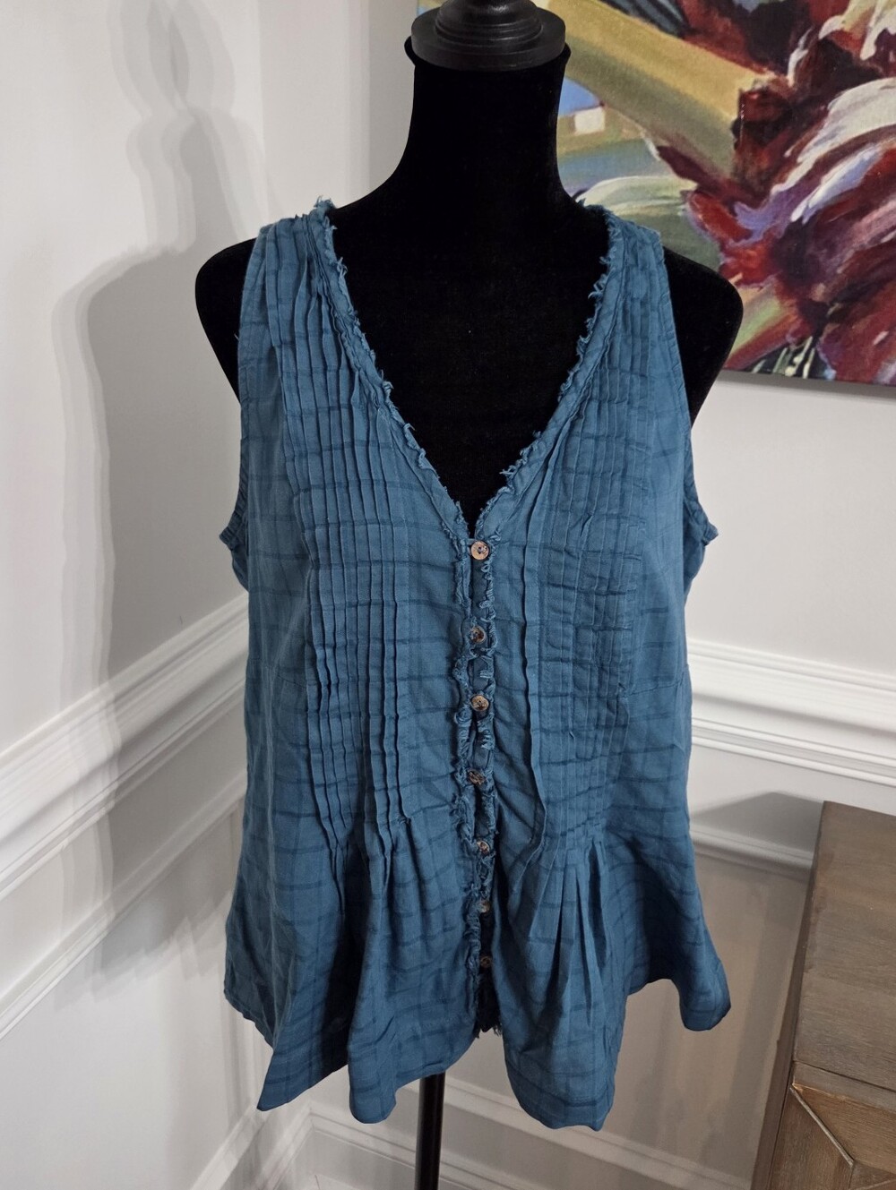 Anthropologie Maeve Saona Teal Pleated Cotton Blend Raw Swing Tank Top Small